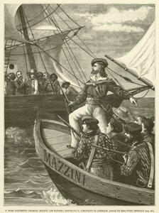 El primer barco llamado Mazzini, con bandera republicana, comandado por Garibaldi, asalta un brigantín imperial de Italian School