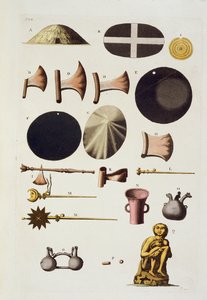 Herramientas y artefactos incas, Perú, de Le Costume Ancien et Moderne, Volumen II, lámina 22, por Jules Ferrario, publicado c.1820s-30s de Italian School