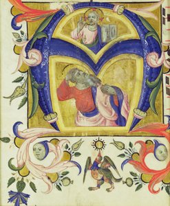 Inicial A que representa a Jesucristo y un santo, principios del siglo XIV de Italian School