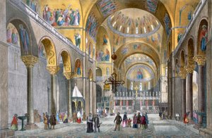 Interior de la Basílica de San Marcos, mirando hacia la cúpula, de Vistas de Venecia por Cecchini, Pividor y Viola, c.1850 de Italian School