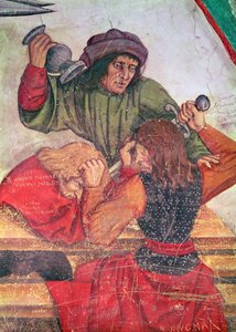 Interior de una posada, detalle de bebedores peleando (fresco) de Italian School
