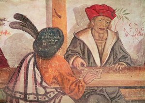 Interior de una posada, detalle de dos hombres jugando a un juego de mesa (fresco)
