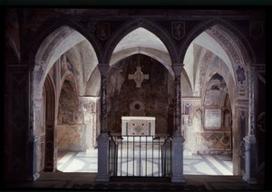 Vista interior del presbiterio y altar, cueva de San Benito (sacro speco) Subiaco de Italian School