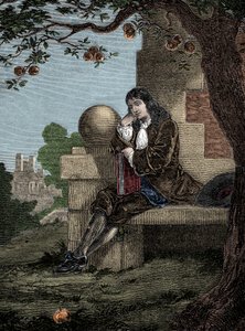 Isaac Newton observando una manzana caer al suelo mientras está sentado bajo un árbol