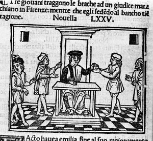 Escena de juicio en Florencia. Ilustración para la novela 75 (Novela 5 del octavo día) del “Decamerón” de Giovanni Boccaccio (1313-1375), escritor italiano. Grabado en “Decamerone ouer Cento novelle” Venecia, Bartolomeo de 