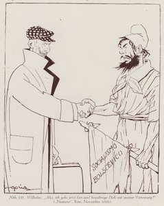 El káiser Guillermo II entrega el poder al socialismo bolchevique (litografía) de Italian School