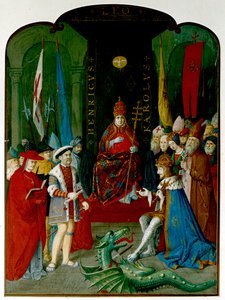 El rey Enrique VIII en disputa con el emperador Carlos V ante el Papa León X. Enrique sostiene un rollo, que puede ser la bula de 1521 que le otorga el título de 