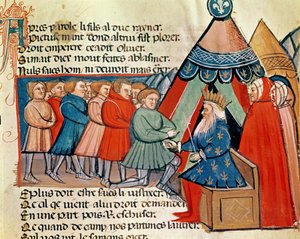 Caballeros jurando lealtad a Carlomagno (742-814) de un códice veneciano de Italian School