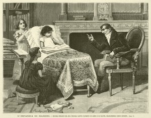 La infancia de Mazzini, feliz con su pequeña cama cubierta de libros y mapas, proponiendo ciertos cuestionamientos (grabado) de Italian School