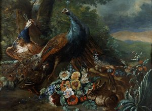 Paisaje con pavo real y caza de Italian School