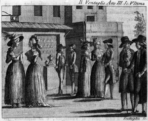 Última escena del Acto III de la pieza cómica “El abanico” (1764) de Carlo Goldoni (1707-1793). Grabado del siglo XVIII de Italian School