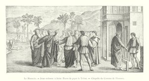 Masaccio, Jesús ordena a San Pedro pagar el tributo, Capilla del Carmine de Florencia (grabado) de Italian School