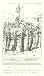El triunfo de la castidad, de Petrarca, facsímil de una grabado del siglo XV atribuido a Nicoletto da Modena, según la prueba del Museo Británico de Italian School