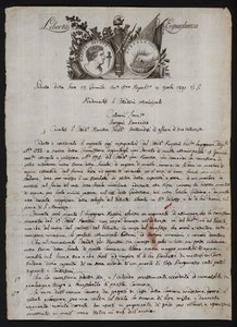 Carta en italiano, con una representación de la cabeza de Bruto el joven, una mano ardiente que representa a Cayo Mucio Escévola, y el lema de la Revolución Francesa de Italian School