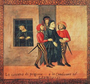 Vida de Antonio di Guiseppe Rinaldeschi - Sacado de la cárcel para ser juzgado, Escuela Florentina (óleo sobre tabla) (detalle) de Italian School