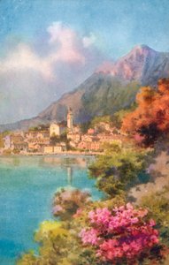 Limone, Lago de Garda, Italia (litografía en color)