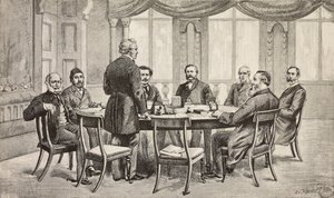Conferencia de Londres sobre Egipto, Reino Unido: Conde Munster, Musurus Pasha, Granville (de pie), Conde Nigra, Waddington, De Staal, Childers, Conde Karolyi, grabado del dibujo de Edoardo Ximenes, de L