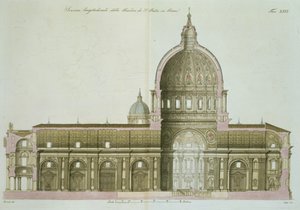 Sección transversal longitudinal de San Pedro en Roma, lámina 26 de la Parte III de La Historia de las Naciones, grabado por G. Lago de Italian School