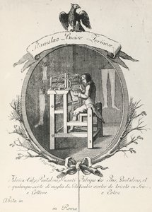 Telar para hacer calcetines, pantalones y guantes, grabado para cartel publicitario de la compañía Stanislaus Bosiso, Italia de Italian School