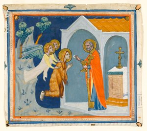 MS McClean folio 201.4 r Santa María Magdalena, en el desierto alrededor de Aix, siendo llevada por ángeles a San Maximino, quien le administra su última comunión, c.1330 de Italian School