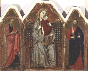 Madonna y el Niño entronizados, con San Juan Evangelista y San Pablo, Escuela de Rimini (panel de tríptico)