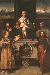 Madonna y Niño entronizados con santos de Italian School
