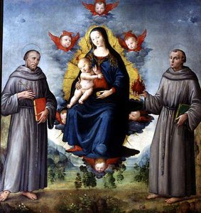 Virgen con el Niño, flanqueada por los santos Francisco de Asís y Antonio de Padua (temple sobre tabla)