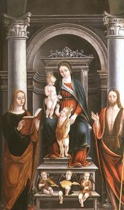 Madonna y el Niño recibiendo una rosa del infante San Juan Bautista, con santos y ángeles por M.B. (monograma) de Italian School