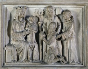 Madonna y el Niño, con un guerrero y santos, relieve creado por Los Maestros de Campione de Italian School