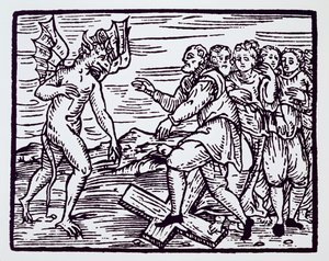 Brujo masculino renunciando a Cristo, copia de una ilustración del Compendium Maleficarum por Fr M Guaccius, Milán 1608, usada en Historia de la Magia, publicada a finales del siglo XIX
