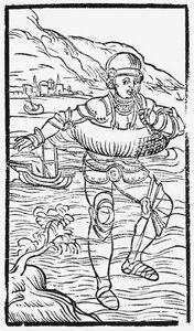 Hombre con un aro salvavidas, ilustración de Historia de Gentibus Septentrionalibus por Olaus Magnus, publicado en Roma, 1555 de Italian School