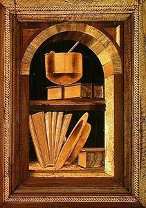 Panel de marquetería de un bodegón con libros (madera) de Italian School