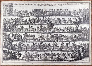 Mascarada: procesión y danza de personas enmascaradas con motivo del carnaval. Milán 20/02/1764 Grabado del siglo XVIII de Italian School