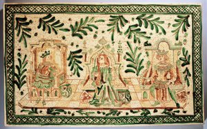 Placa decorativa de estilo medieval que representa a Constanza de Hauteville, Roger de Sicilia y Federico II de Hohenstaufen, fabricación Alessi, Caltagirone, Sicilia, Italia (cerámica) de Italian School
