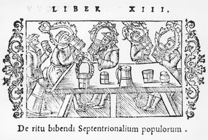Hombres bebiendo, ilustración de Historia de Gentibus Septentrionalibus por Olaus Magnus, publicado en Roma, 1555 de Italian School