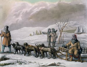 Hombres de Kamchatska, con un trineo de perros, de Costumi dei... por Giulio Ferrario, c.1820s-30s de Italian School
