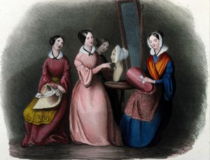 Oficio milanés: jóvenes mujeres confeccionando sombreros. Grabado de Locarno de 1830. de Italian School