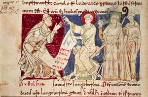 Miniatura del Chronicon Vulturnense, códice iluminado compuesto por el monje Iohannes, ca 1130, Italia de Italian School