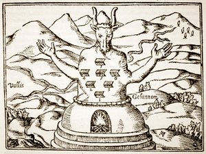 Moloch, copia de una ilustración de Oedipus Aegyptiacus por Athanasius Kirchner, Roma 1652, usado en una Historia de la Magia, publicado a finales del siglo XIX