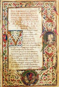 Ms.392 fol.1 Canción de alabanza a Laure, de "Sonetti, Canzoni e Triomphi" de Petrarca de Italian School