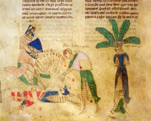 Ms.EST.59 fol.85v Tristán libera al rey Arturo, de la Historia de Tristán (vitela)