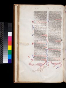 Pedro Lombardo, Sententiae, decoración de pen-work en la parte inferior de la página desarrollada en híbridos de pájaro/dragón de Italian School