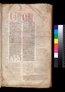 Gregorio IX, Decretales con Aparato de Bernardo Botone de Parma, inicial [G] en rojo con decoración de penwork azul