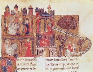 Aristóteles (384-322 a.C.) instruye a Alejandro Magno (356-323 a.C.) en la moral y el desprecio hacia las mujeres, de Le Livre du Tresor de Brunetto Latini (1220-94)