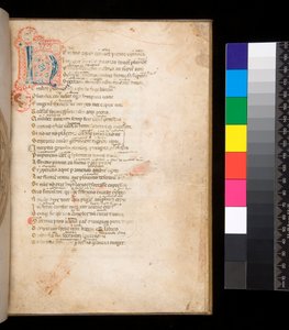 Ms 315. Horacio, Ars Poetica y Epistulae, f.1r. Inicial decorada [N] en relleno de cuadros azules y rojos y trabajo de pluma circundante en rojo de Italian School