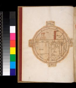 Horacio, Ars Poetica y Epistulae, mapa T-O del mundo, con una torre representando Jerusalén de Italian School