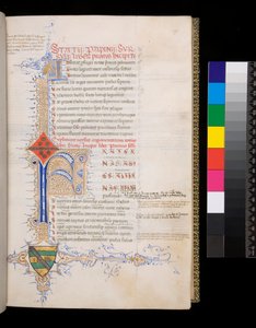 Ms 329. Statius, Thebaid, f.19r. Inicial iluminada [F] en azul con decoración reservada para el incipit, e inicial menor [A] en oro para el argumentum, y florecimiento de pluma intrincado de oro y azul, extendiéndose para formar un folio en forma de L