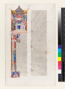 Ms 331 fol.1r Página de texto con una inicial historiada P y una miniatura que representa a un cardenal entronizado, del Libro V de las Decretales de Gregorio IX, de Bolonia, c.1350 de Italian School