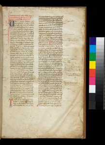 Ms 361. Valerio Máximo, Factorum et Dictorum Memorabilium Libri, f.2r. Ejemplo de una escritura gótica semi-cuadrada redondeada, e iniciales coloreadas con decoración de pluma contrastante de Italian School