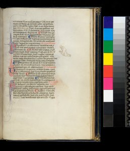 Ms 373. Pseudo-Cicerón, Rhetorica ad Herennium, y otras obras, f.50r. Iniciales adornadas con pluma y una decoración en el margen que representa a un monje descalzo arrodillado, c.1337